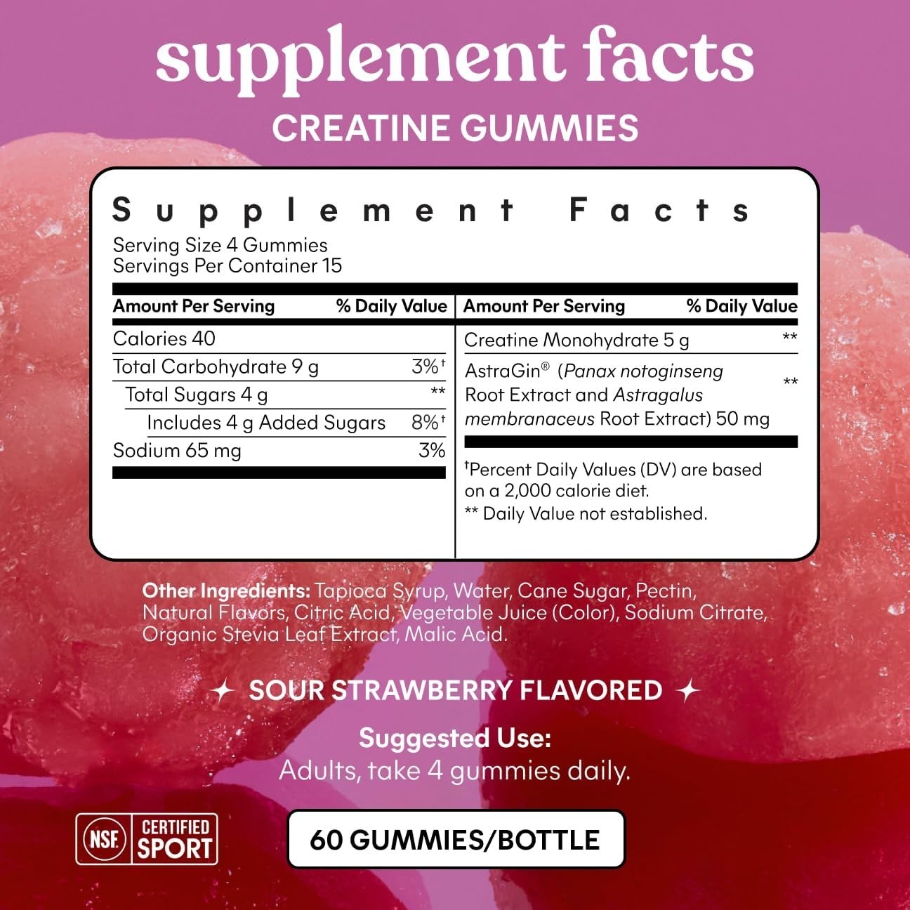 Creatine Monohydrate Gummies, Sour Strawberry 60 Gummies | 5g Creatine for Le…