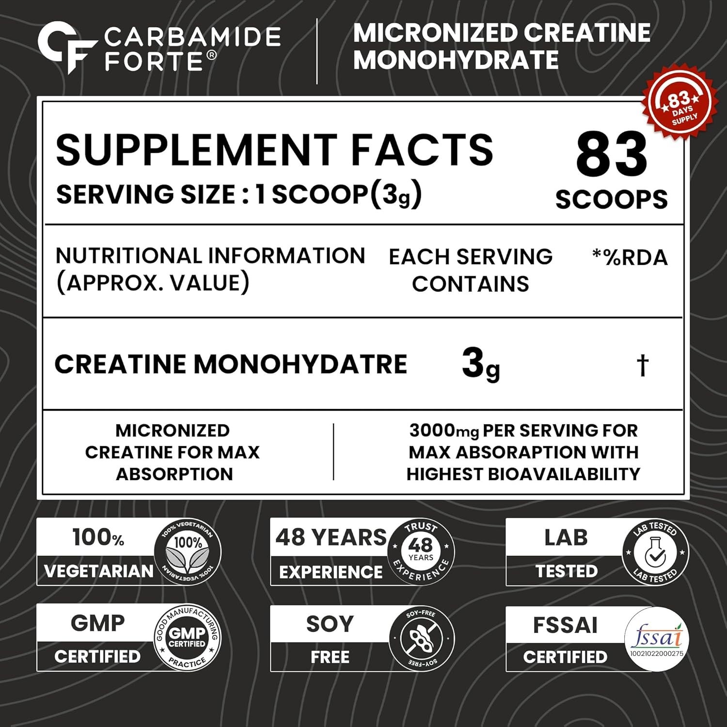 Creatine Mono Hydrate Powder | 250gm Unflavoured 80 Servings (Pack of 3)