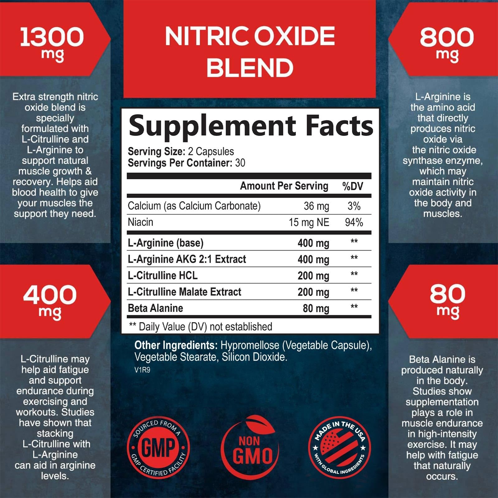 Nitric Oxide Supplement NO Booster 1300mg L Arginine & L Citrulline 60 Caps