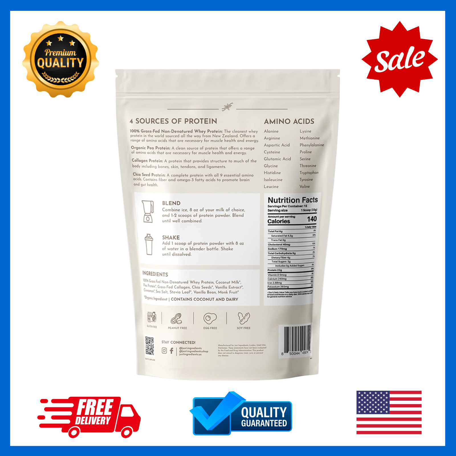 JUST INGREDIENTS Vanilla Protein Powder 22g Grass Fed Whey 15 Servings 3PK
