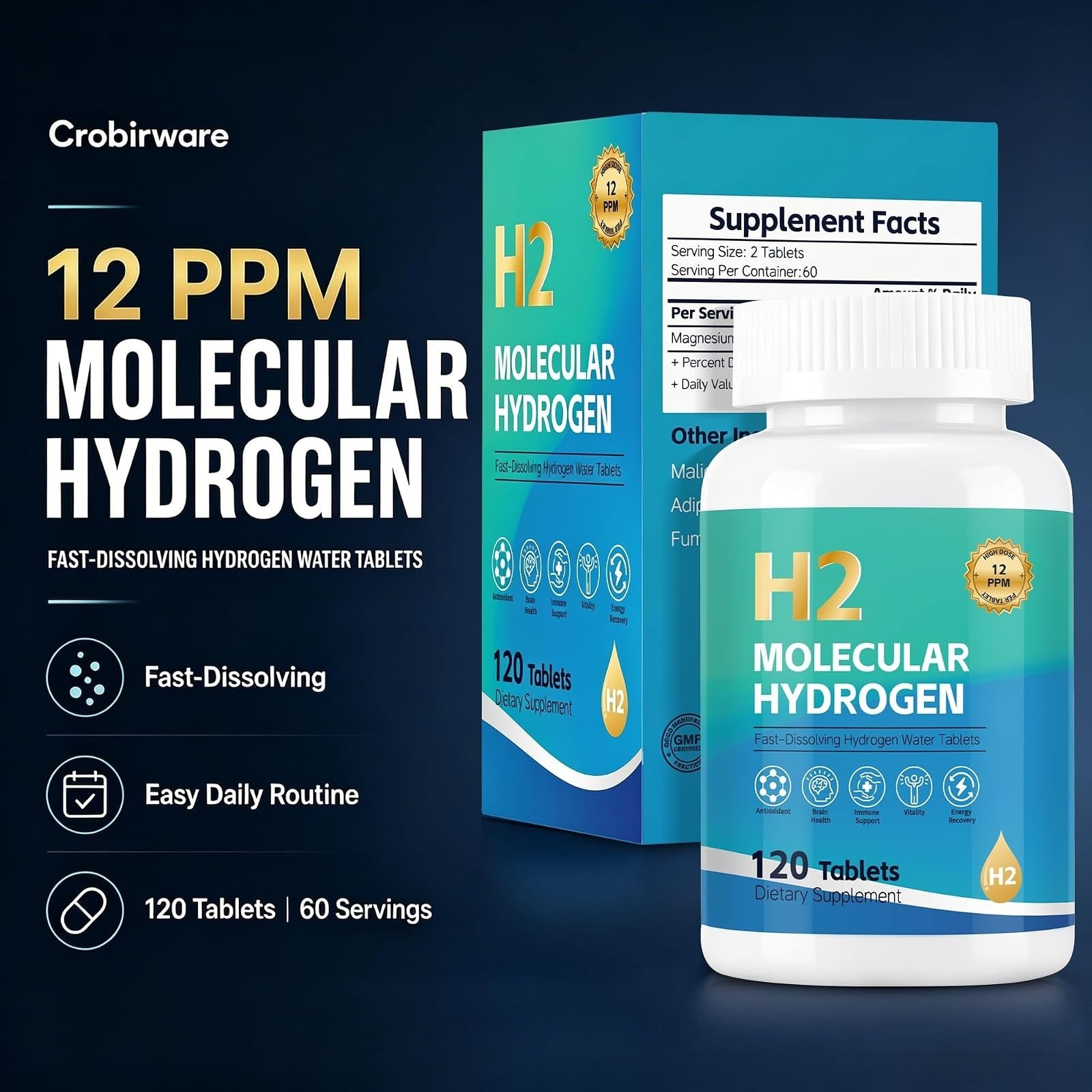 Crobirware Molecular Hydrogen Water Tablets, Raspberry Flavor, 120 Count