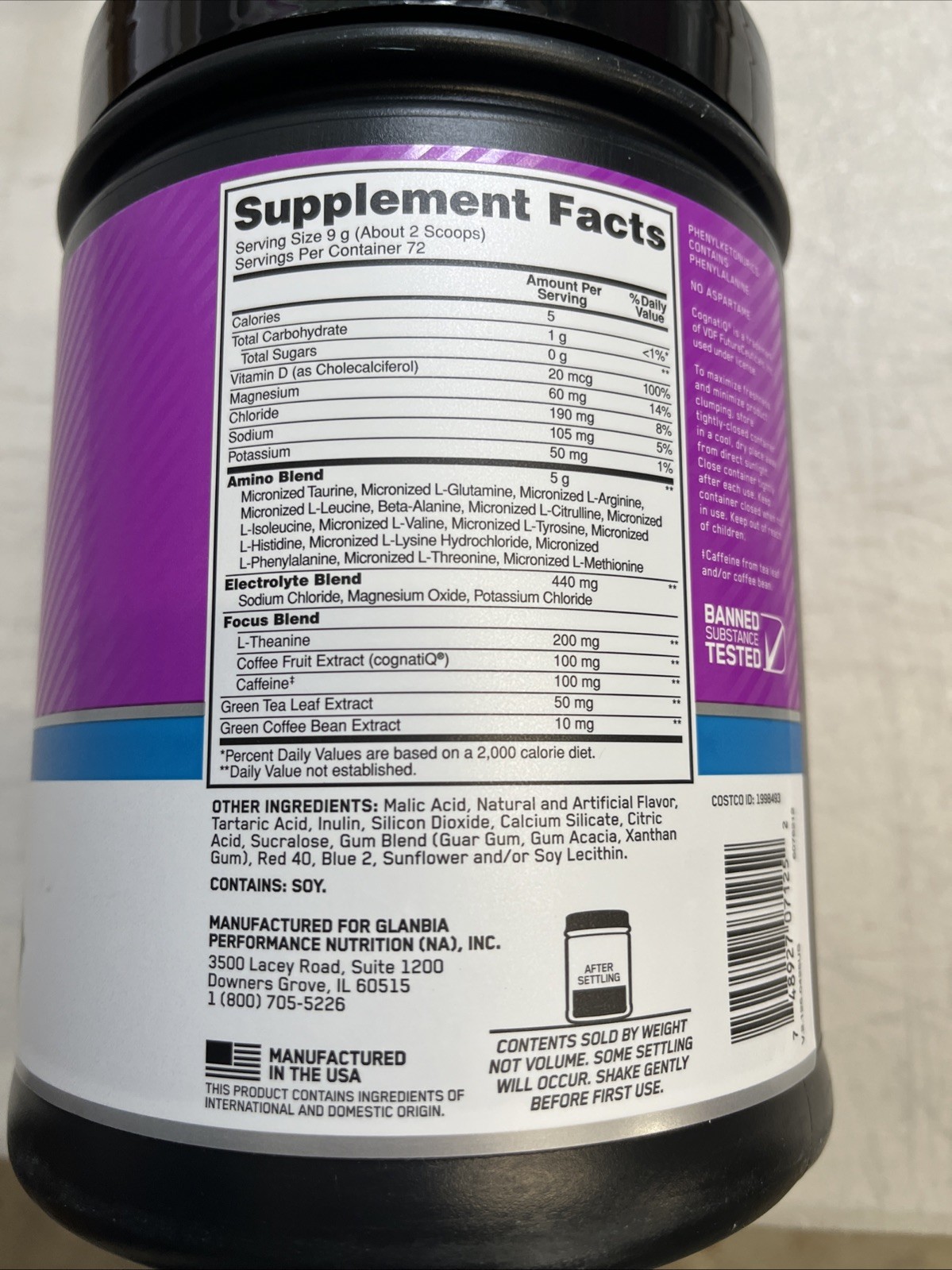 Optimum Nutrition Amino Energy Electrolytes BCAA Grape 72 Serving; BB 11/10/2027