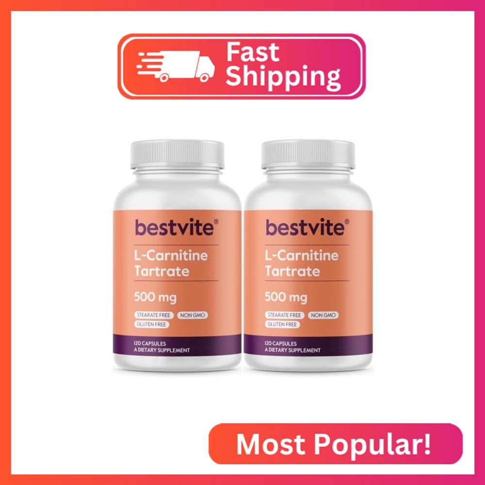 BESTVITE L-Carnitine Tartrate 500mg per Capsule (240 Capsules)(120×2) – No Stear