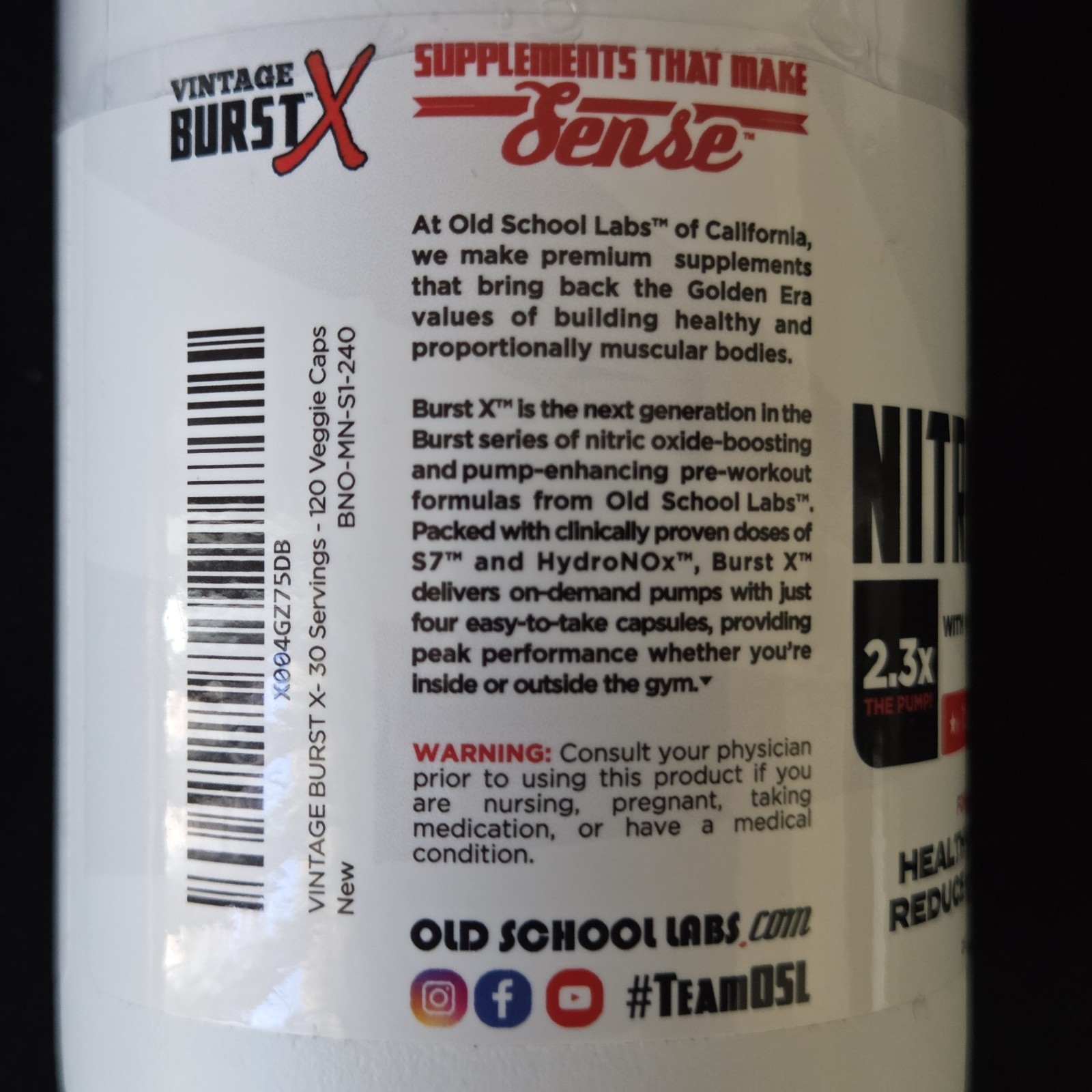 Old School Labs Nitric Oxide Pre-Workout Supplement HydroNOx S7 Blend 30 Serving