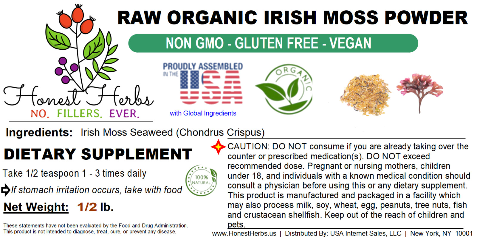 Organic Irish Sea Moss Powder – Chondrus Crispus – Raw, Vegan, Non GMO – 1/2 lb.