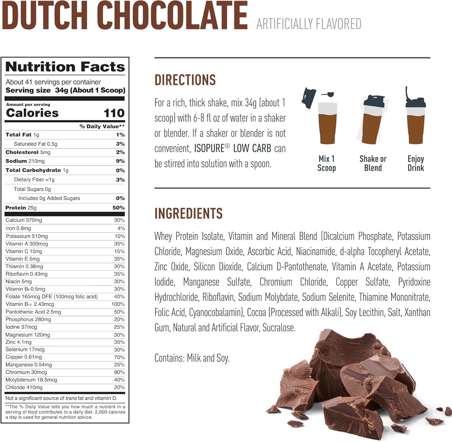 Isopure Dutch Chocolate Low Carb Protein Powder 3lb 41 Servings BB: 07/2027