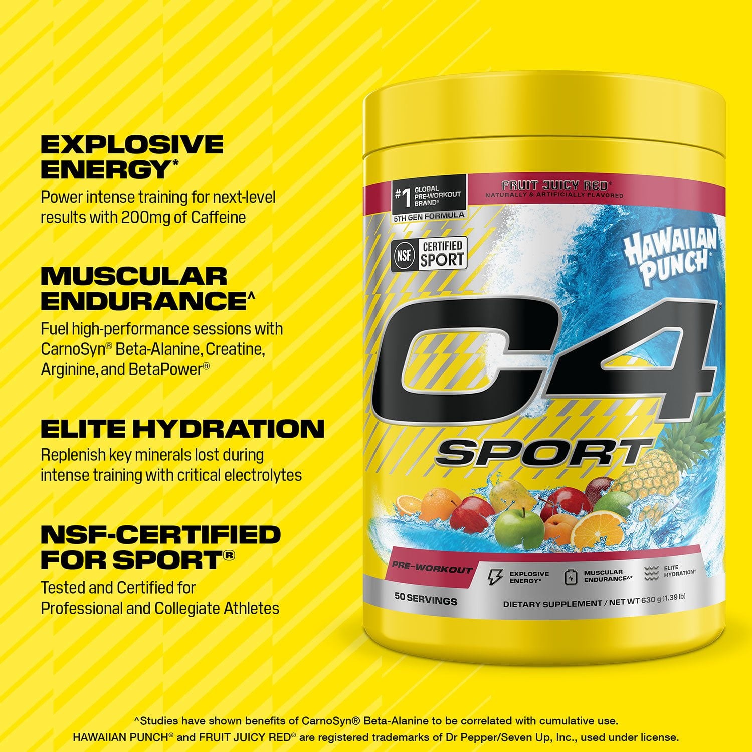 C4 Sport Pre-Workout Powder, Hawaiian Punch Fruit Juicy Red 1.39 lbs 50 Servings