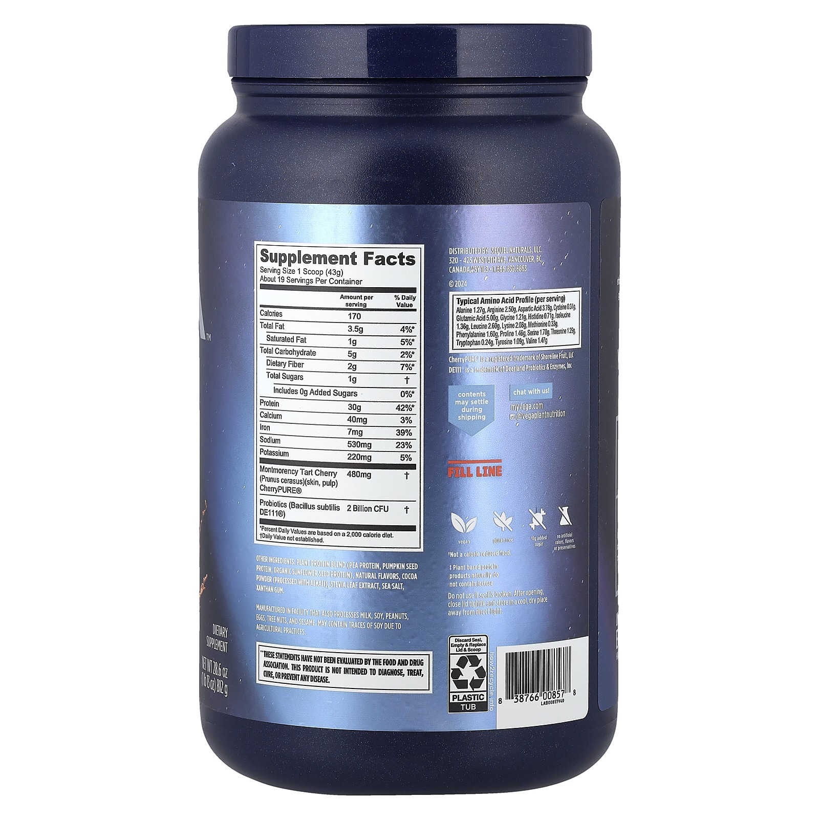 Vega Sport Performance Protein Mocha Flavor 28 6 oz 812 g Dairy-Free,