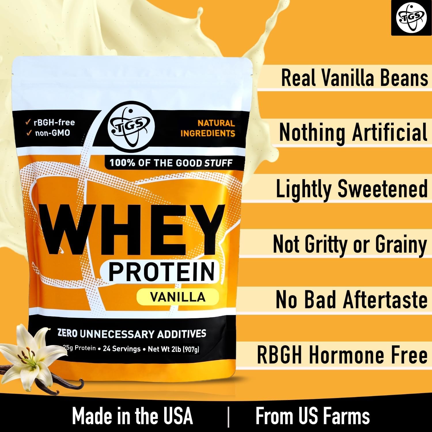 TGS Nutrition Vanilla Whey Protein Powder 2lb – No Artificial Sweeteners, All Na
