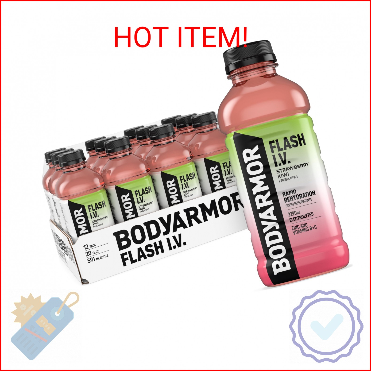 BODYARMOR Flash I.V. Electrolyte Beverage, Strawberry Kiwi, Hydration Drink with