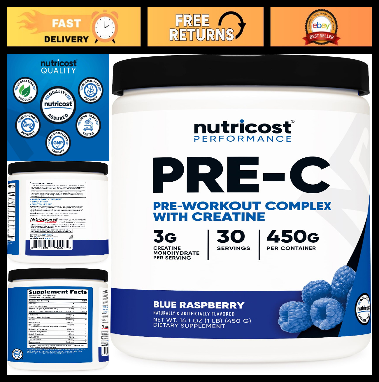 Pre-Workout Complex with Creatine Powder – Blue Raspberry Flavor, 30 Servings, B