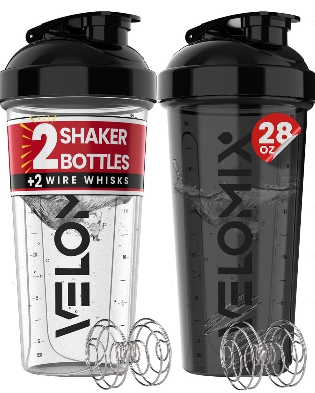 VELOMIX 2 Pack 28oz Protein Shaker Bottle for Protein Mixes, Black / Transparent