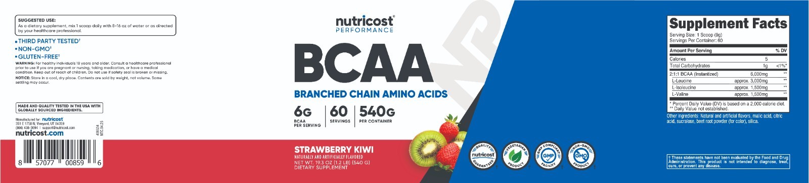 Nutricost BCAA Powder 2:1:1 (Strawberry Kiwi) 60 Servings
