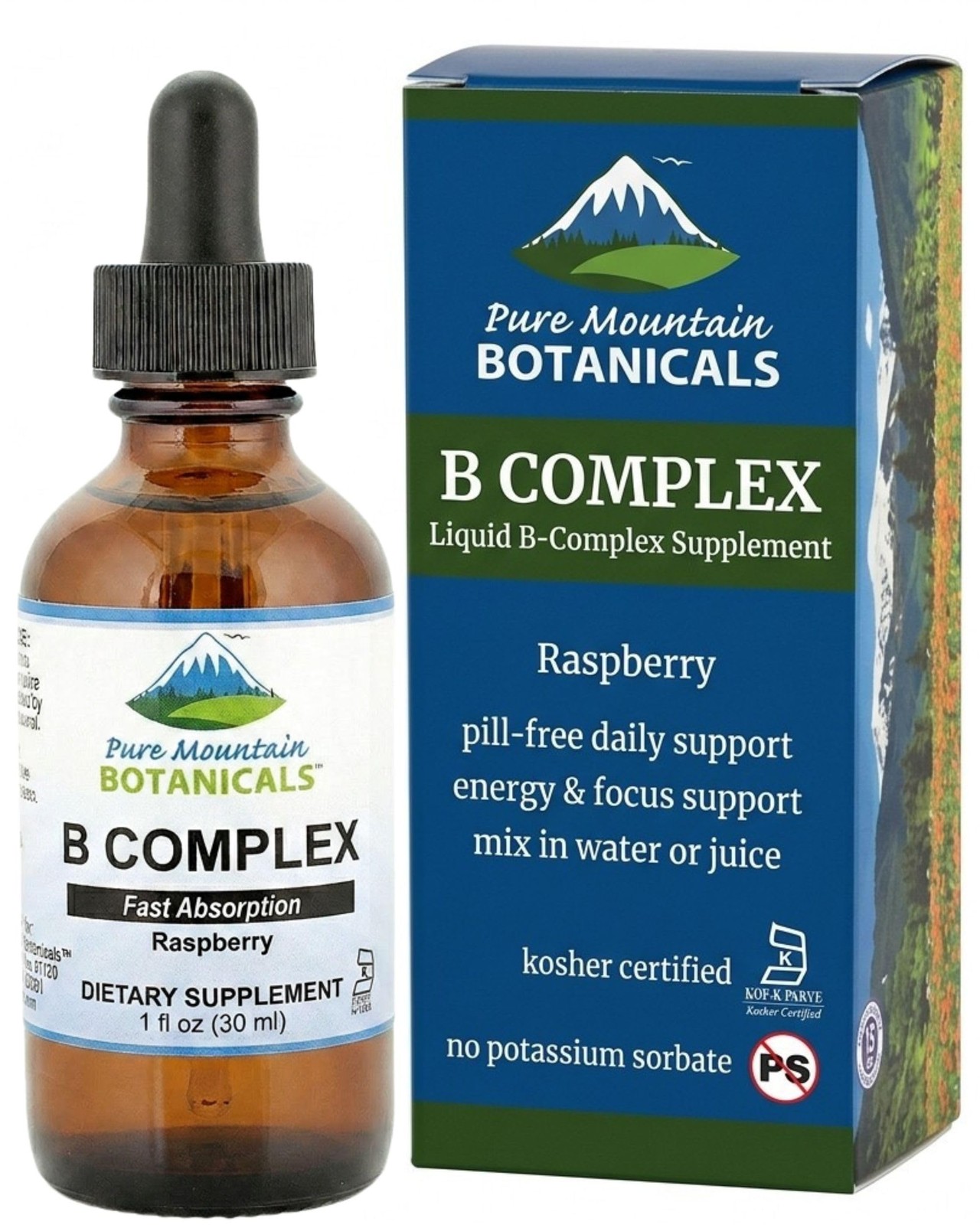 Pure Mountain Botanicals Liquid Vitamin B Complex – B12 B6 Drops – Raspberry