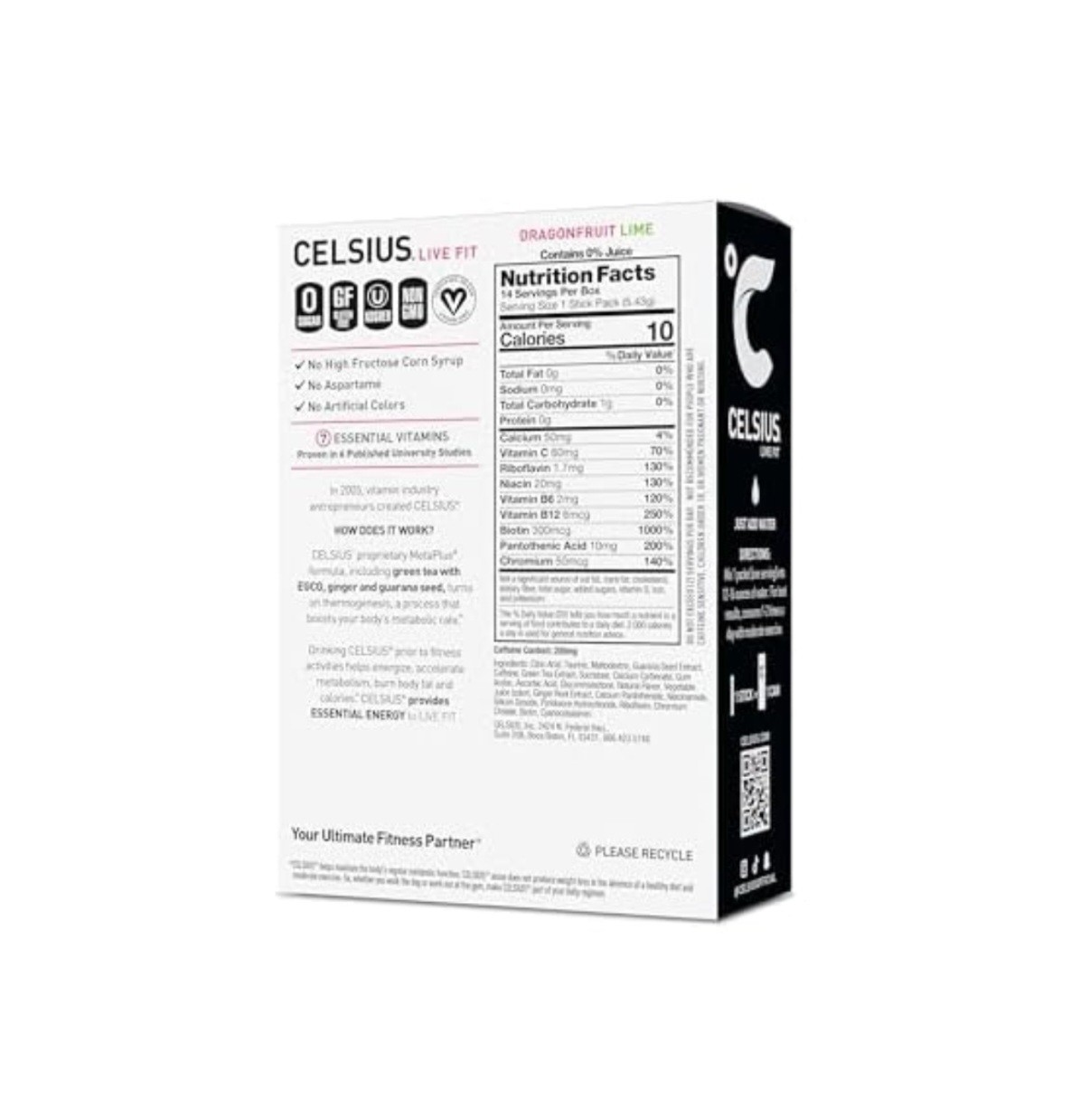 Celsius Essential Energy Powder Drink Mix Sticks Dragonfruit Lime 14ct Vegan