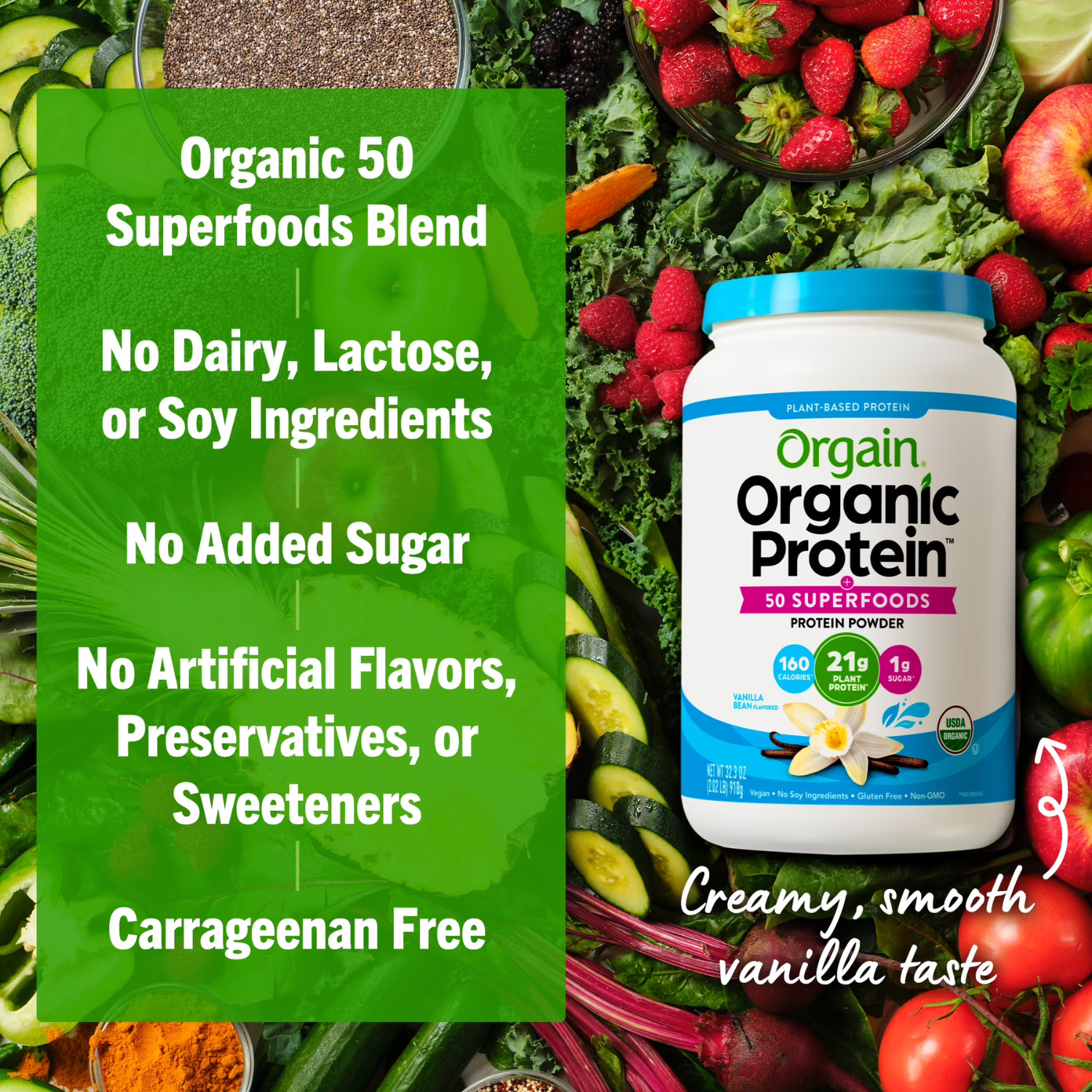 Orgain Organic Vegan 21g Protein Powder Vanilla Bean 2.02lb