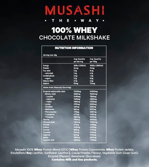 New MUSASHI 100% WHEY Protein Powder 900g Chocolate Milkshake Flavour