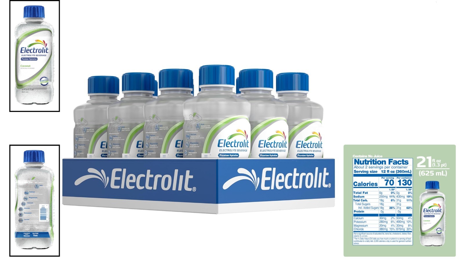 Electrolyte Beverage Coconut Flavor, 21 Fl Oz (Pack of 12) for Instant Hydration