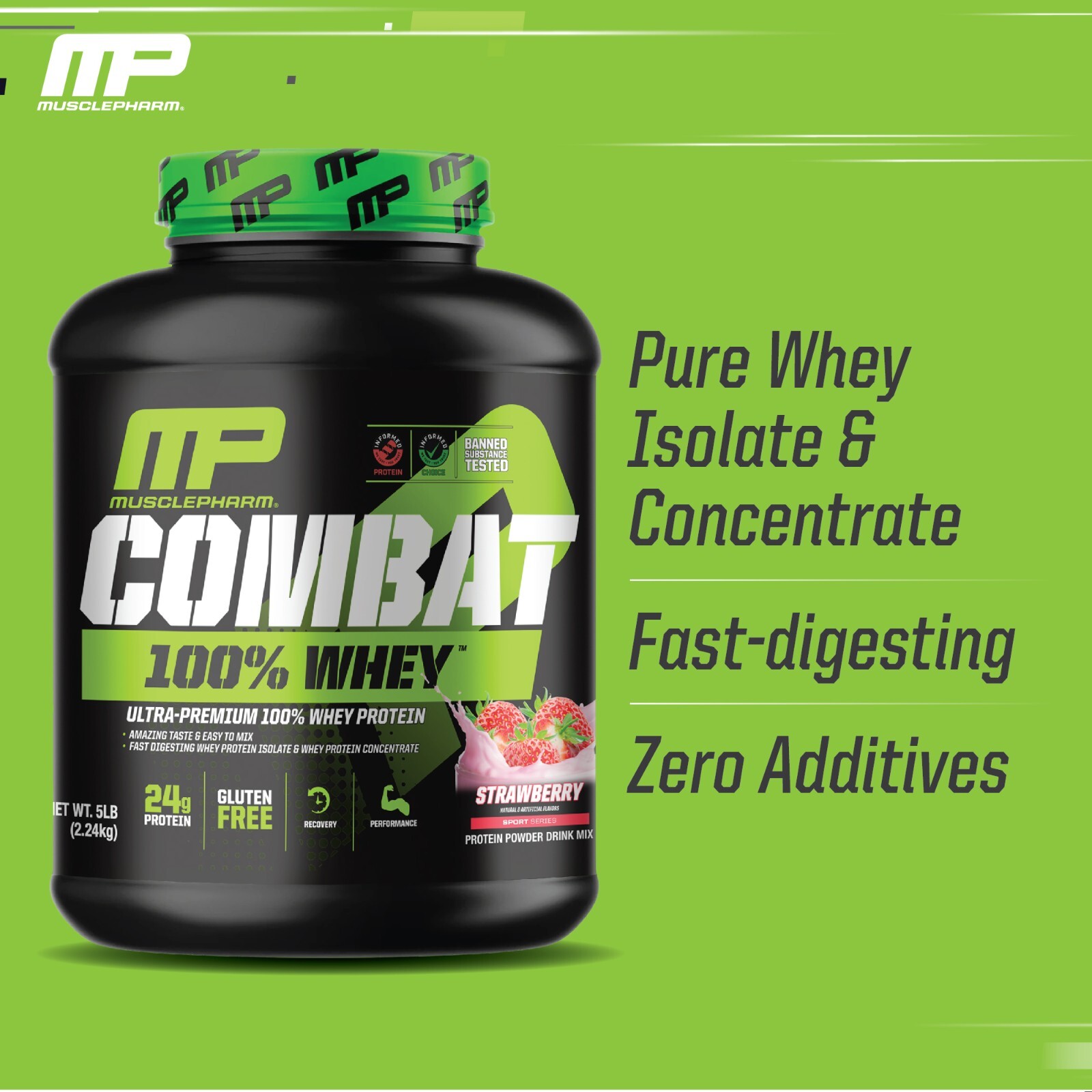 MusclePharm Combat 100% Whey Protein Powder – 5 lb, 70 Servings, Strawberry