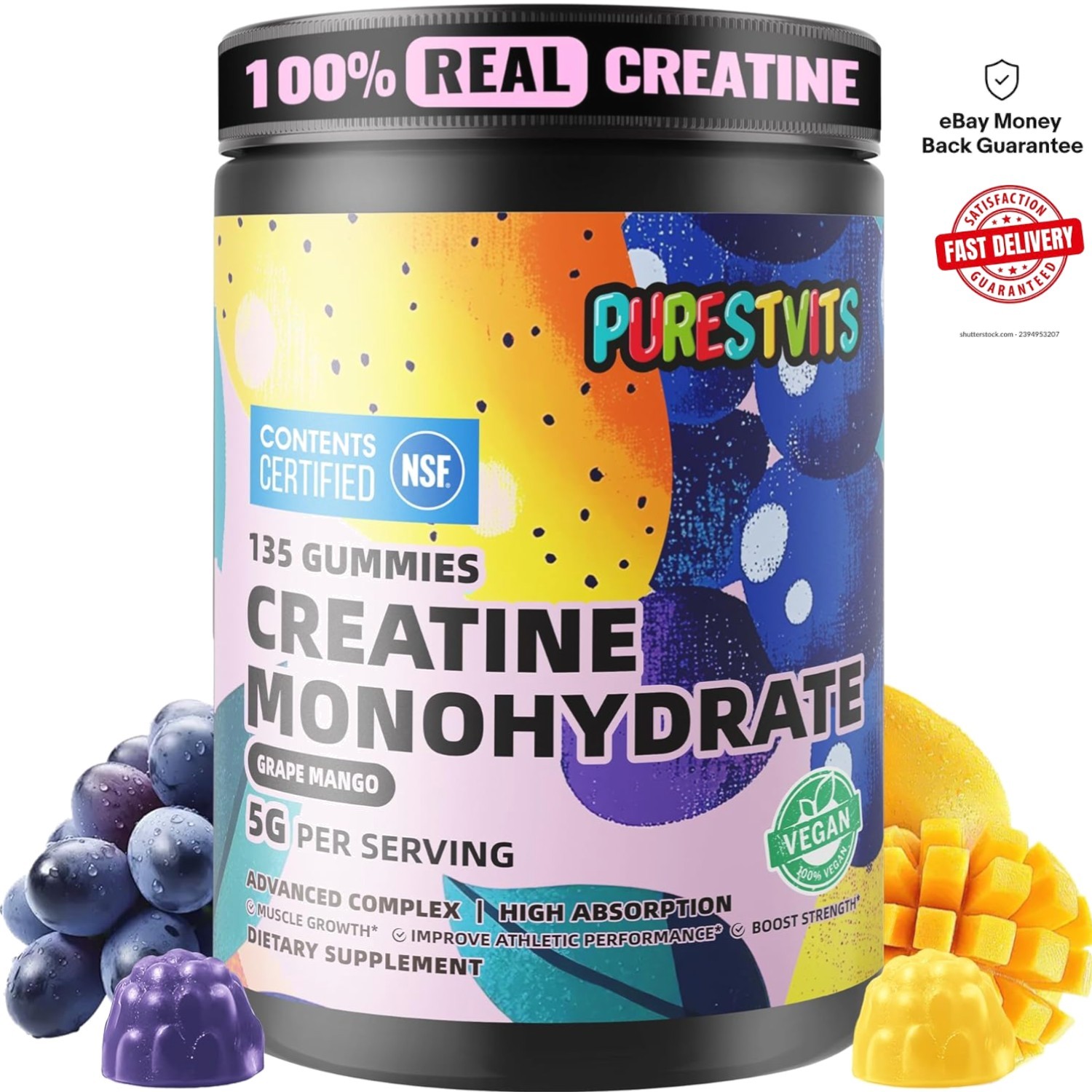Delicious Muscle Growth Gummies – 5g Creatine Monohydrate, 135 Count, Sugar-Free