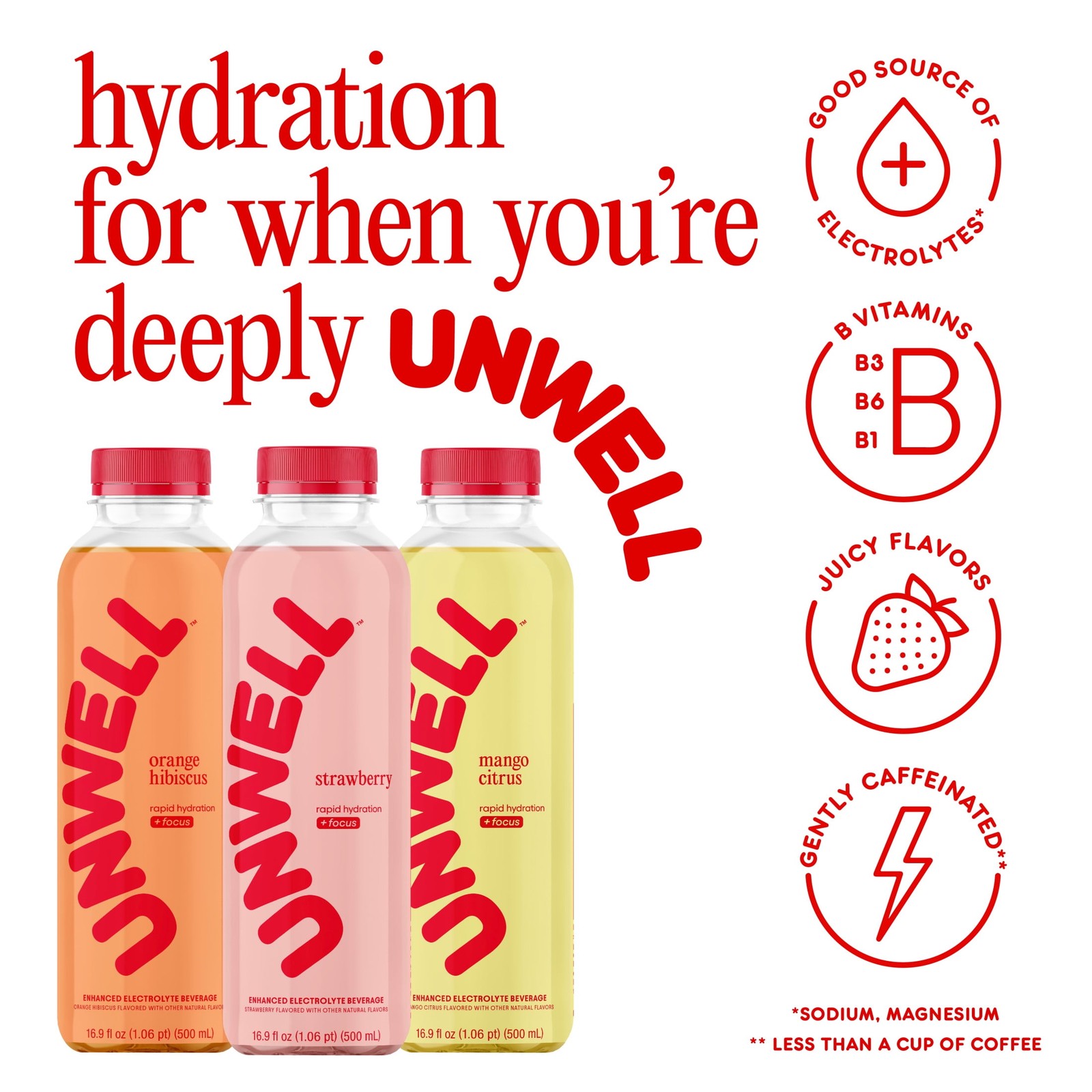 Unwell Hydration Electrolyte Drink for Rapid Hydration +Focus Strawberry 12 pack