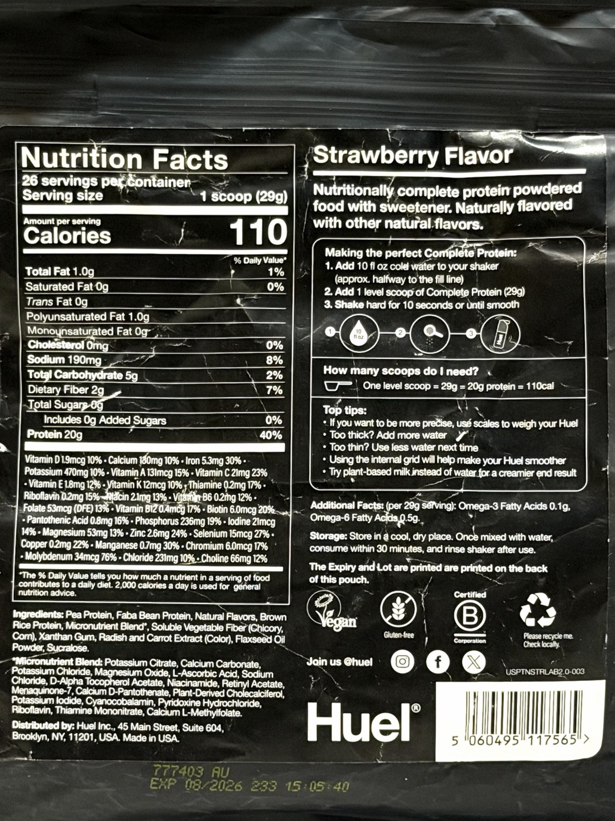 Huel Complete Protein Strawberry Vegan Protein Powder 20g 26 Servings Exp 08/26