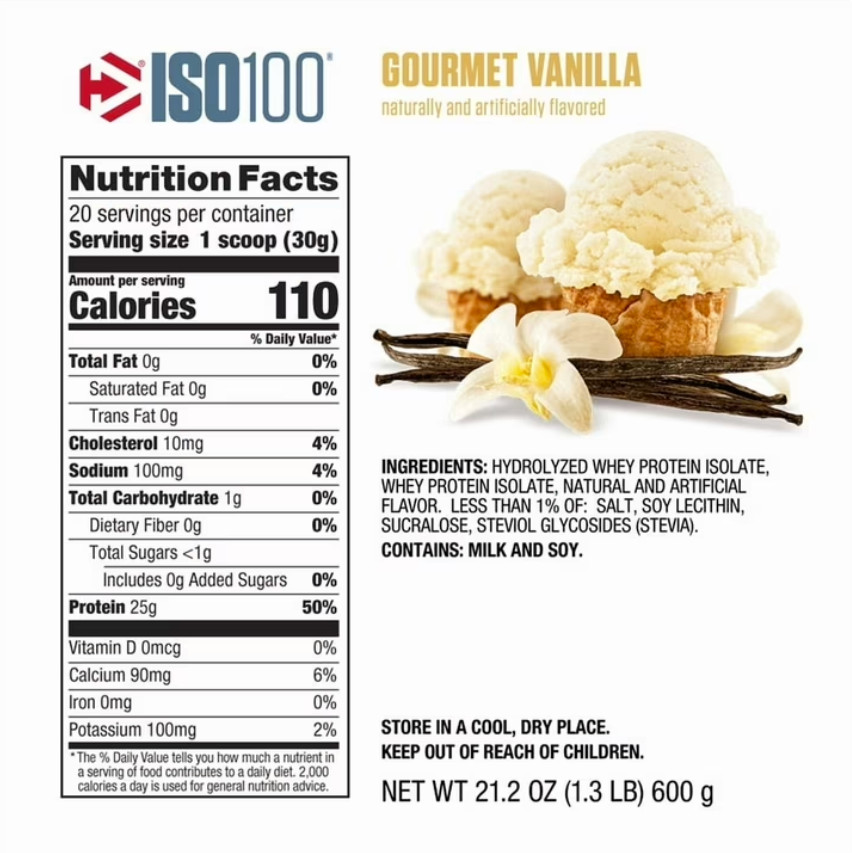 Dymatize ISO100 Hydrolyzed Whey Isolate Protein Powder, Gourmet Vanilla, 20 Serv