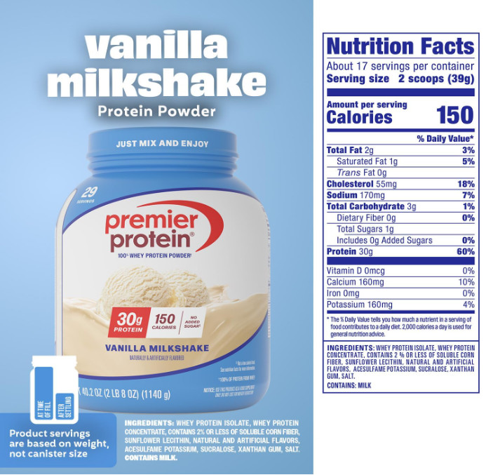 Premier Protein Powder, Vanilla Milkshake, 40.2 oz, 29 Servings