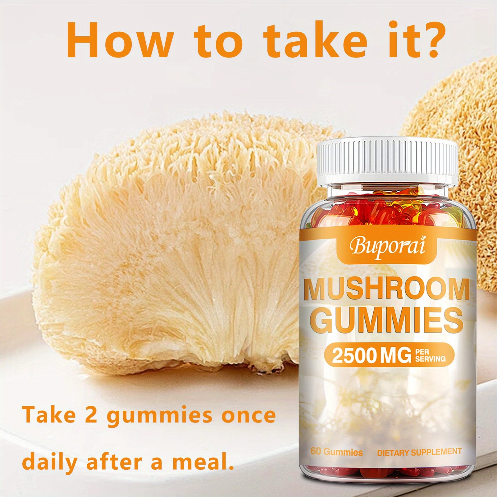 BUPORAI Mushroom Gummies Reishi Cordyceps Maitake Energy 60pcs