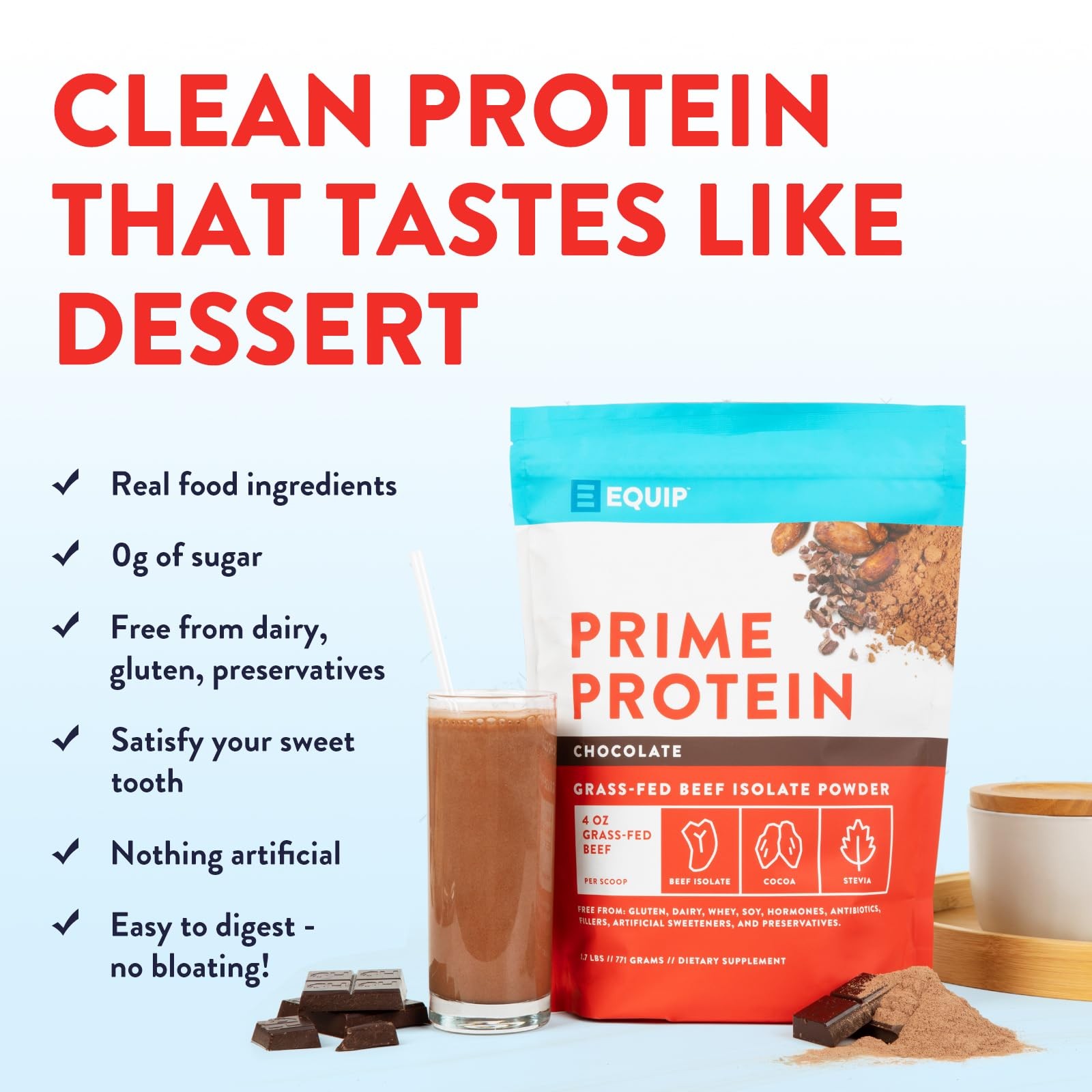 Prime Chocolate Protein Powder 30 Servings Grass Fed Beef Low Sugar Keto Frie…