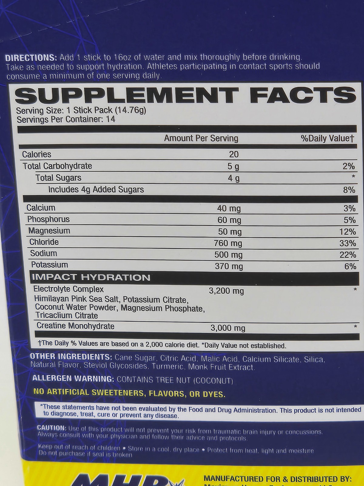 MHP Impact Hydration (Lemon Lime, 14 stick-packs) NEW IN BOX