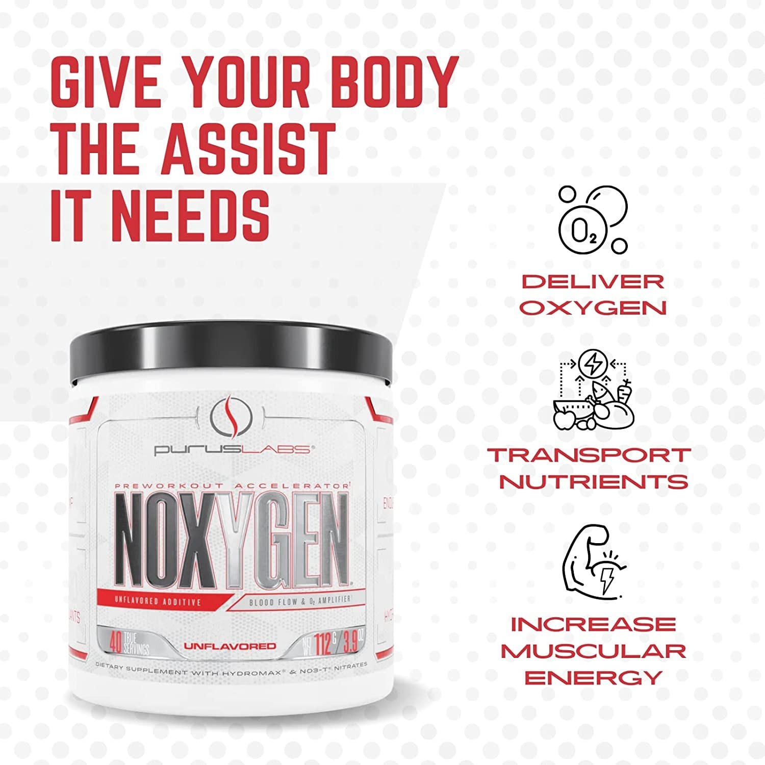 Purus Labs Noxygen Pre-Workout Accelerator Nitric Oxide 40 Servings – Unflavored