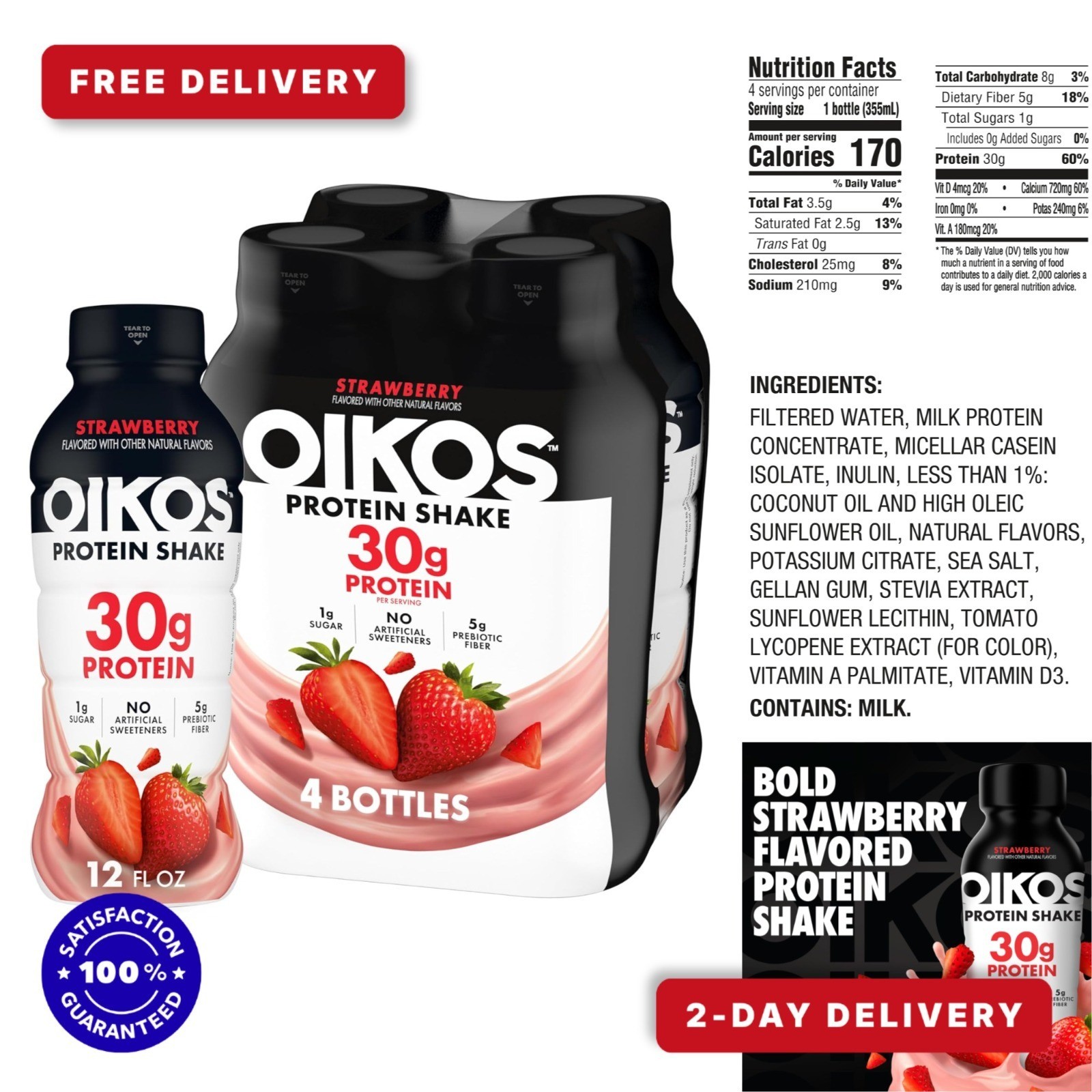 Oikos Strawberry Protein Shake 30g, Ready to Drink, 12 fl oz, 4 Count