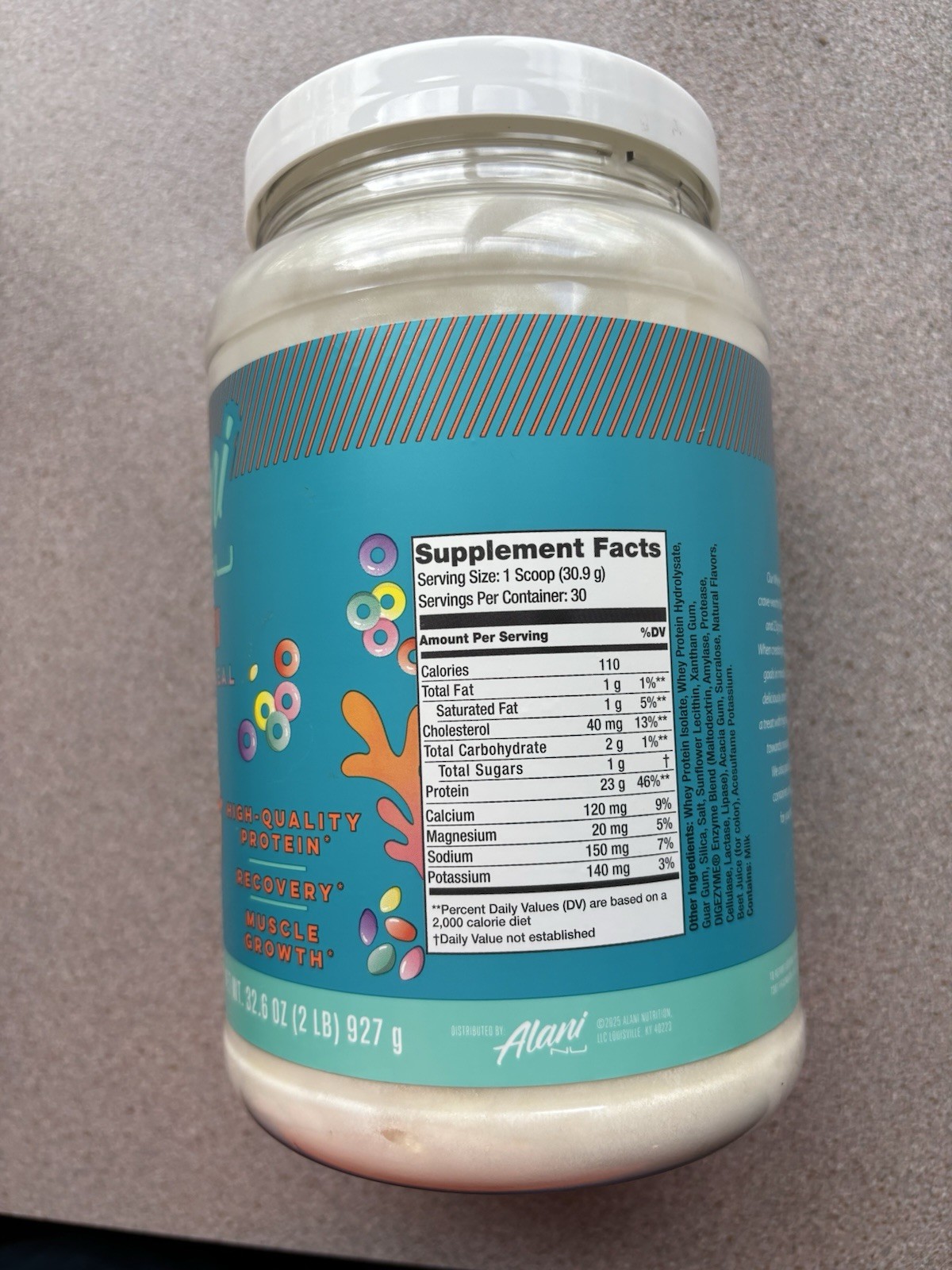 Alani Nu Whey Protein Powder Fruity Cereal 32.6 oz 30 Servings Low Sugar