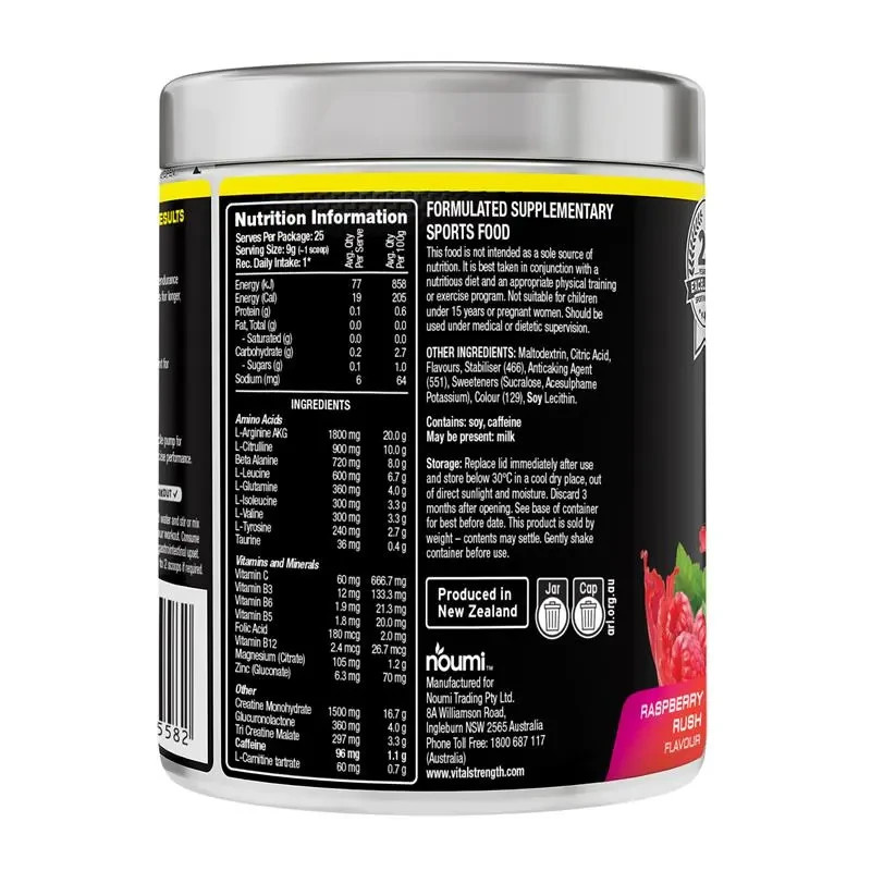 Vital Strength Pre Workout Powder Raspberry Rush 225g EXPLOSIVE ENERGY