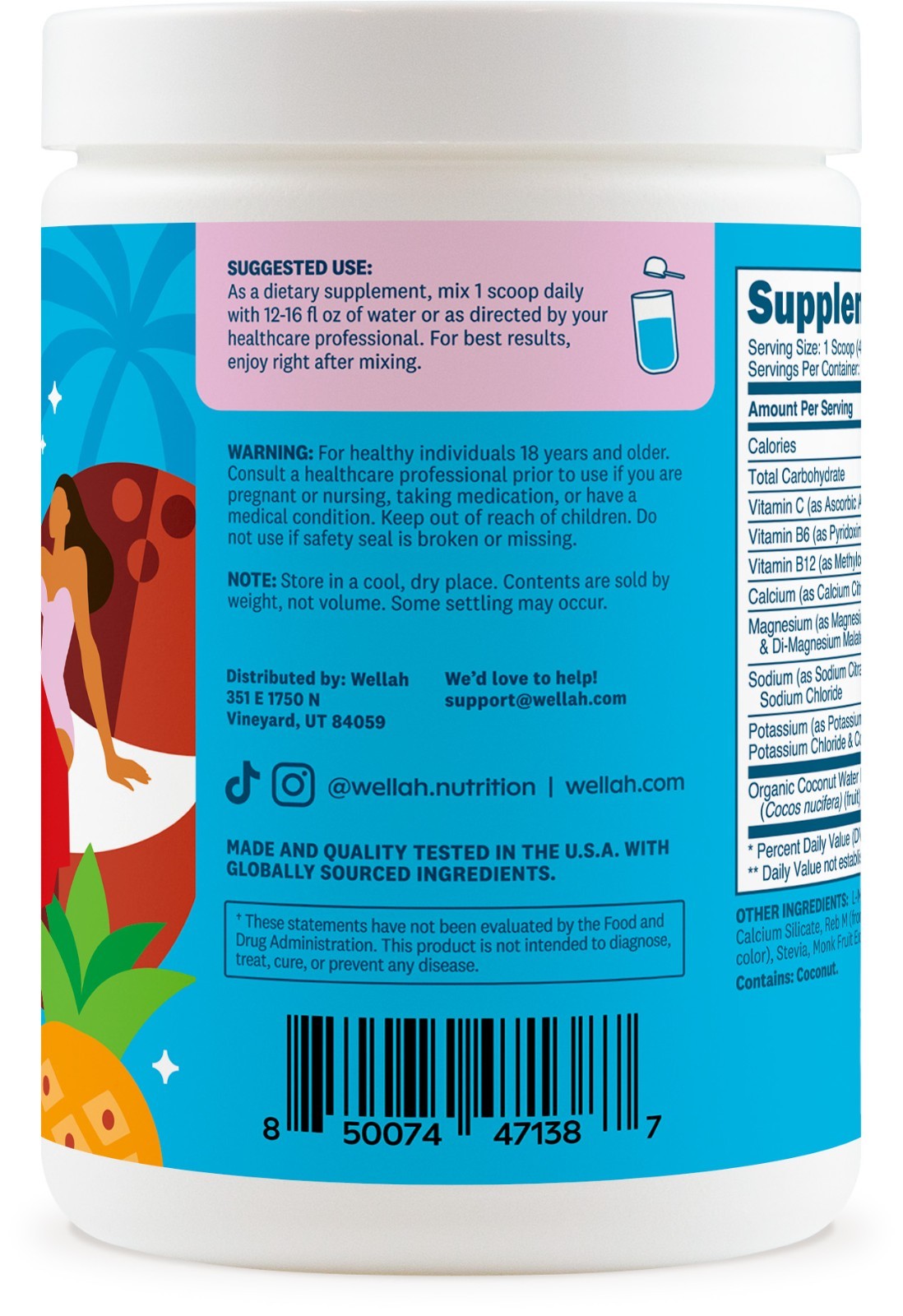 Wellah Electrolytes Powder (Blue Hawaii) 50 Servings – Hydration Drink Mix