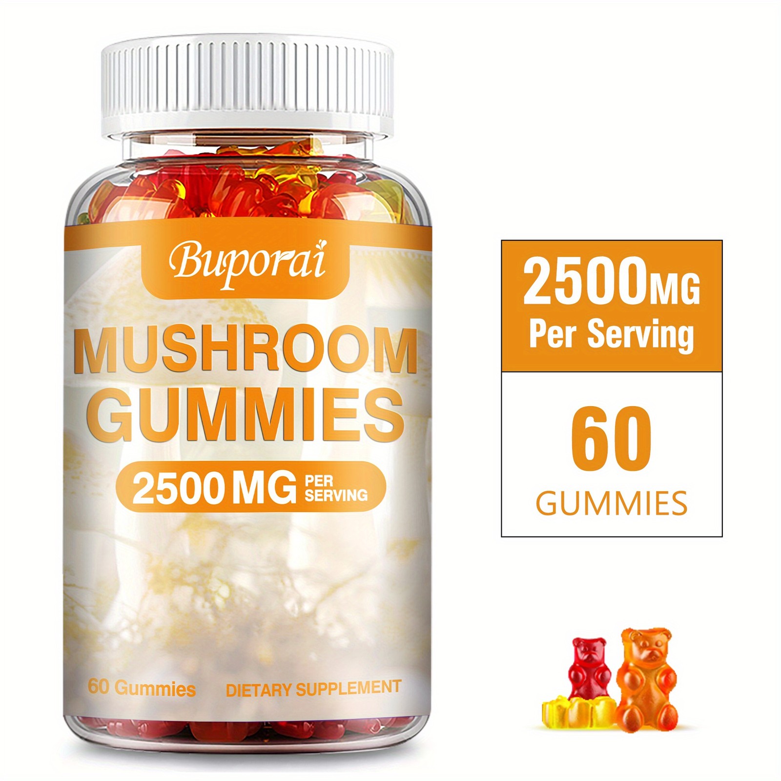 BUPORAI Mushroom Gummies Reishi Cordyceps Maitake Energy 60pcs
