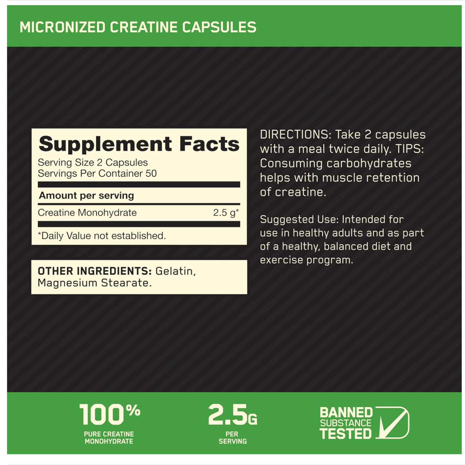 Cápsulas de creatina micronizada para apoyo al desarrollo muscular, 100 cápsulas