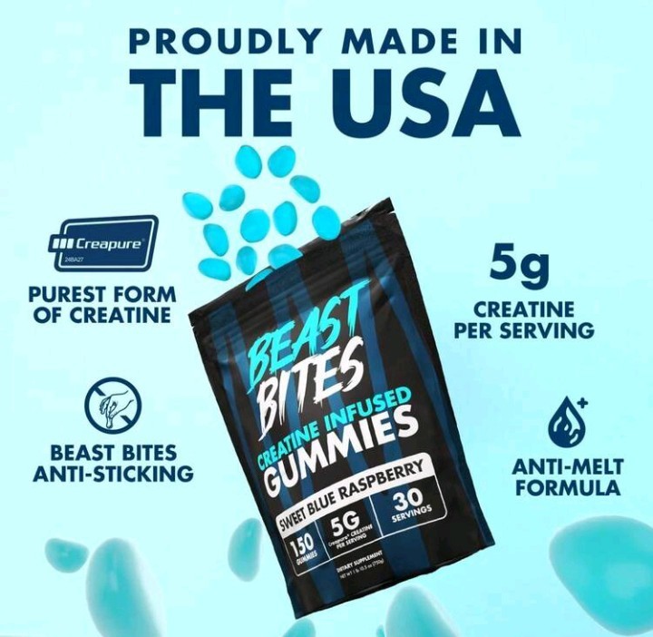 Creatine Gummies – Beast Bites Blue Raspberry, 150ct, Energy Pre-Workout Support