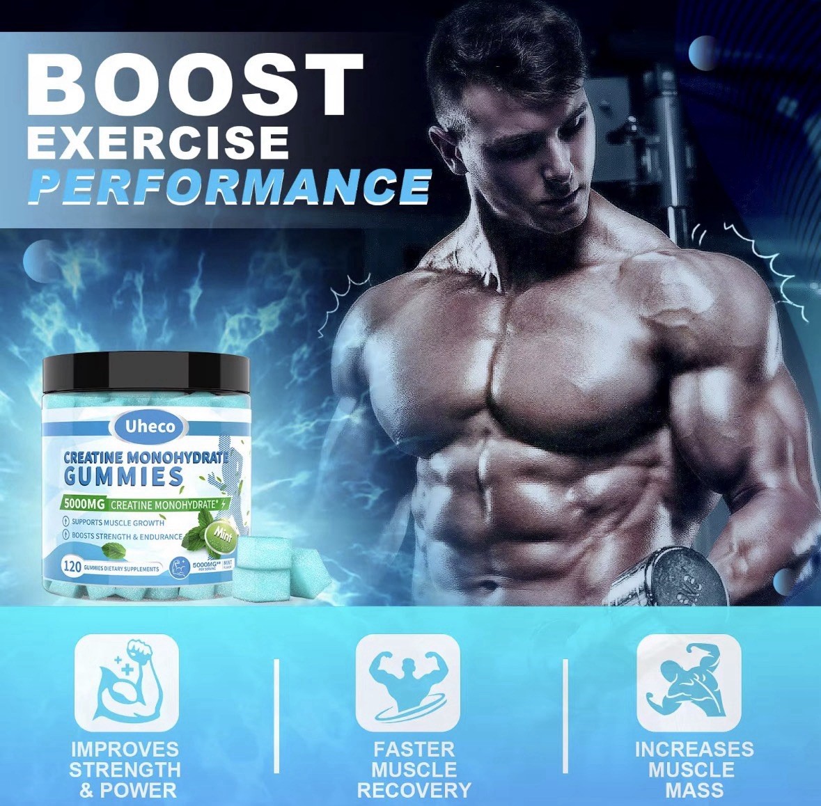 Uheco Creatine Monohydrate Gummies 5000mg Mint 120ct Sugar-Free Gluten-Free