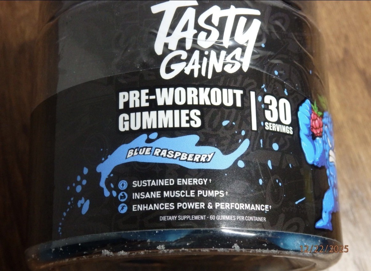 Tasty gains Pre Workout gummies Blue Raspberry exp 01/27