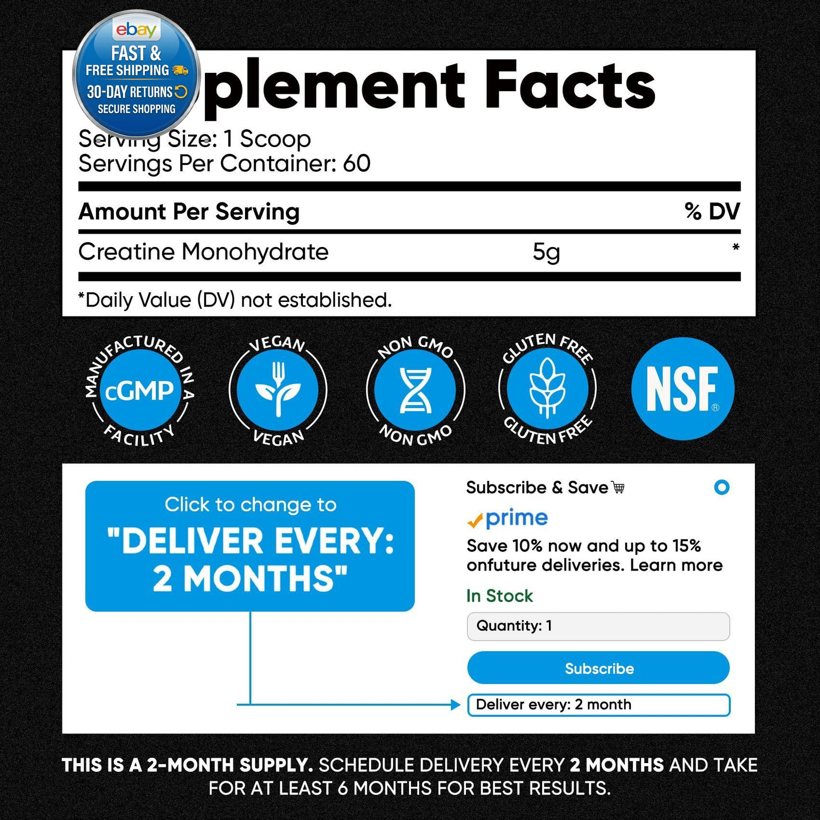 100% Pure Micronized Creatine Monohydrate 60 Servings (Pack of 1)