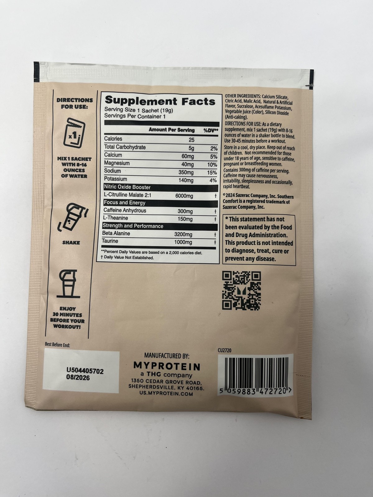 10pk Myprotein Origin Pre-Workout Southern Comfort 0.6oz Sachets Exp 08/26
