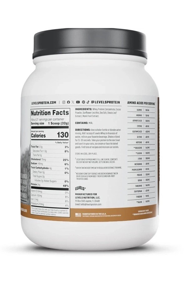 Level Grass Fed Whey Protein Powder, No Artificial,Double Chocolate 1.48 Lb