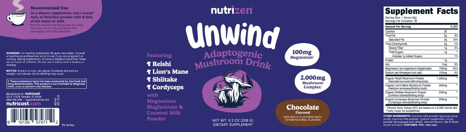 Nutricost Nutrizen PM Unwind Adaptogenic Mushroom Drink (Chocolate Flavored)