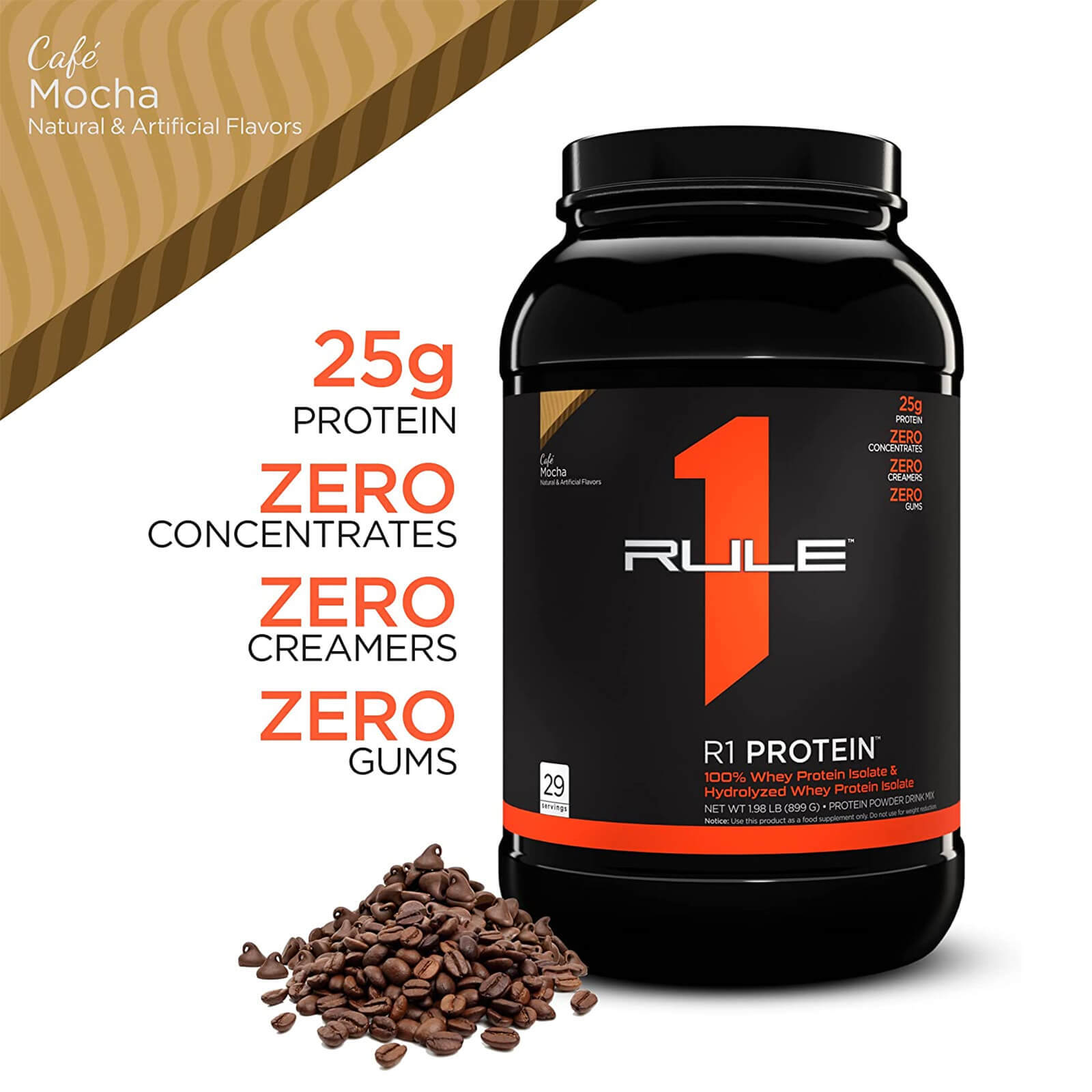 RULE 1 Protein 29 serv Café Mocha Whey Protein Isolate Hydrolysate 1.98lb