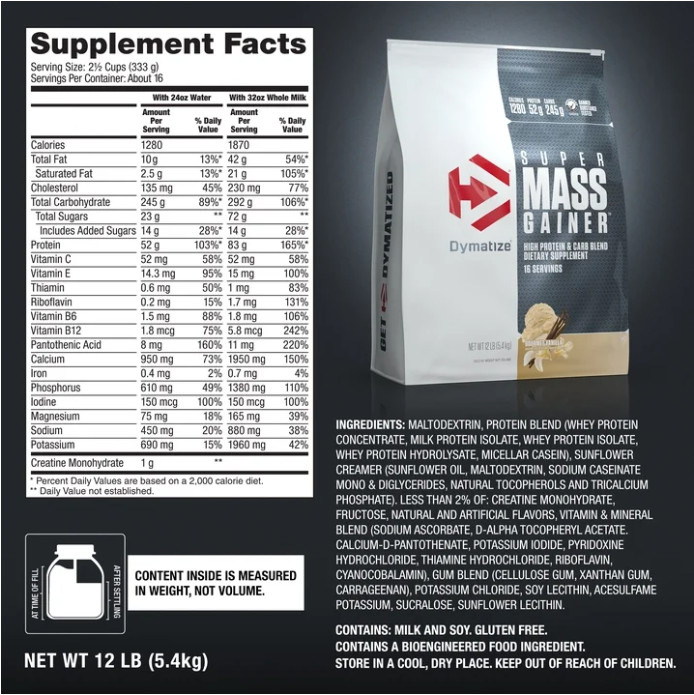 Dymatize Super Mass Gainer, Gourmet Vanilla, 12 lb, 52g Protein