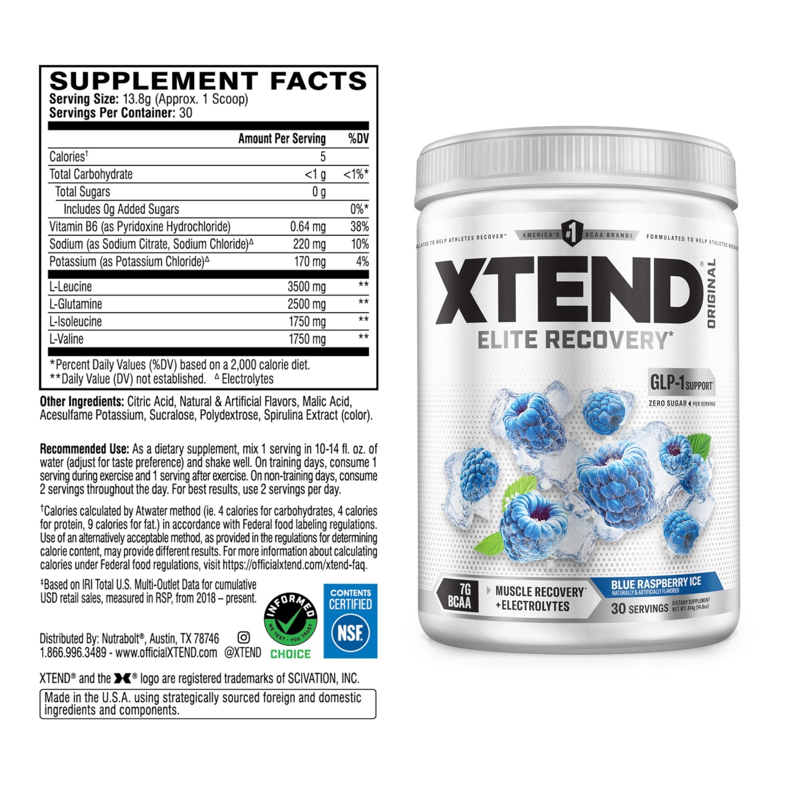 BCAA Powder for Muscle Recovery & Hydration, 7g BCAAs, Sugar-Free, Blue Raspberr