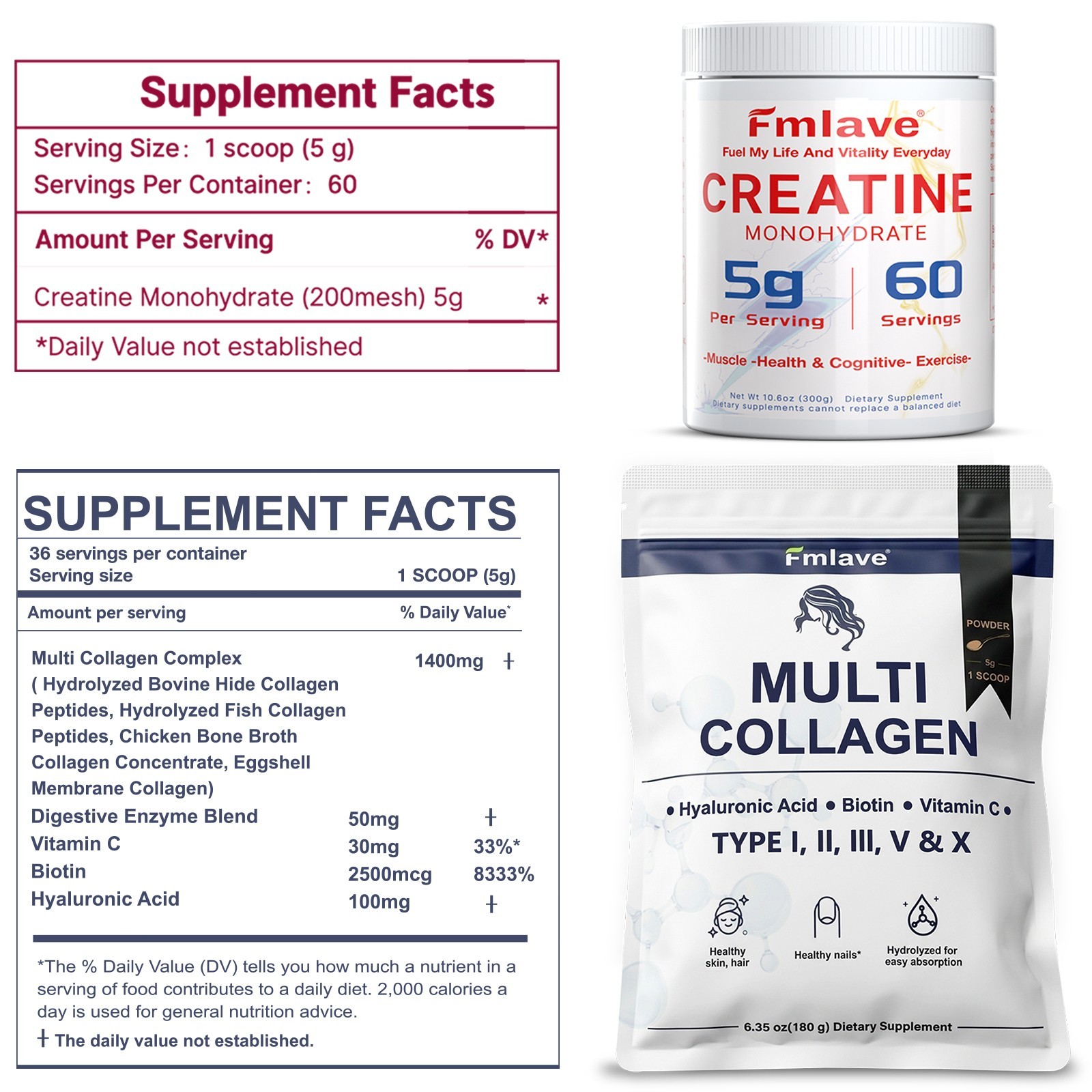 Creatine for Women + Collagen Peptides 5G Each – Muscle, Beauty, Performance 2pc