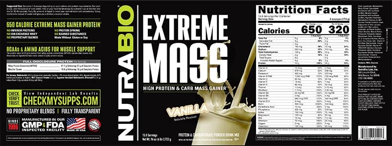 NutraBio Extreme Mass Gainer Protein Powder, 53G Protein, Clean Weight Gainer,